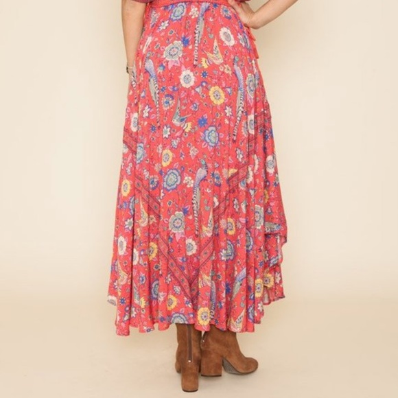 Red Lovebird Boho Floral Flare Maxi Dress W/Empire Waist Tassels&Batwing Sleeves - Picture 5 of 15